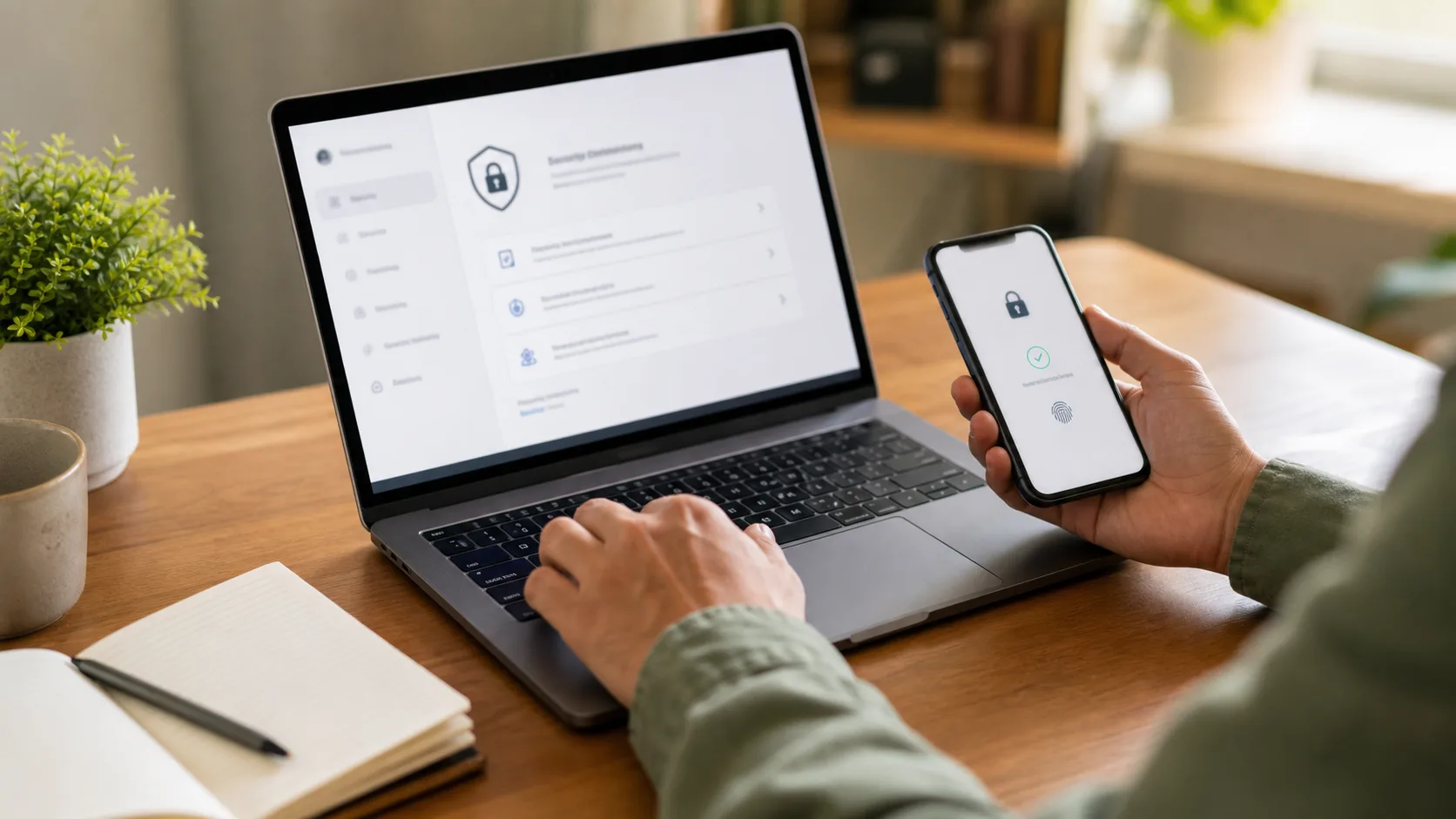 Person setting up account security on a laptop with a smartphone nearby