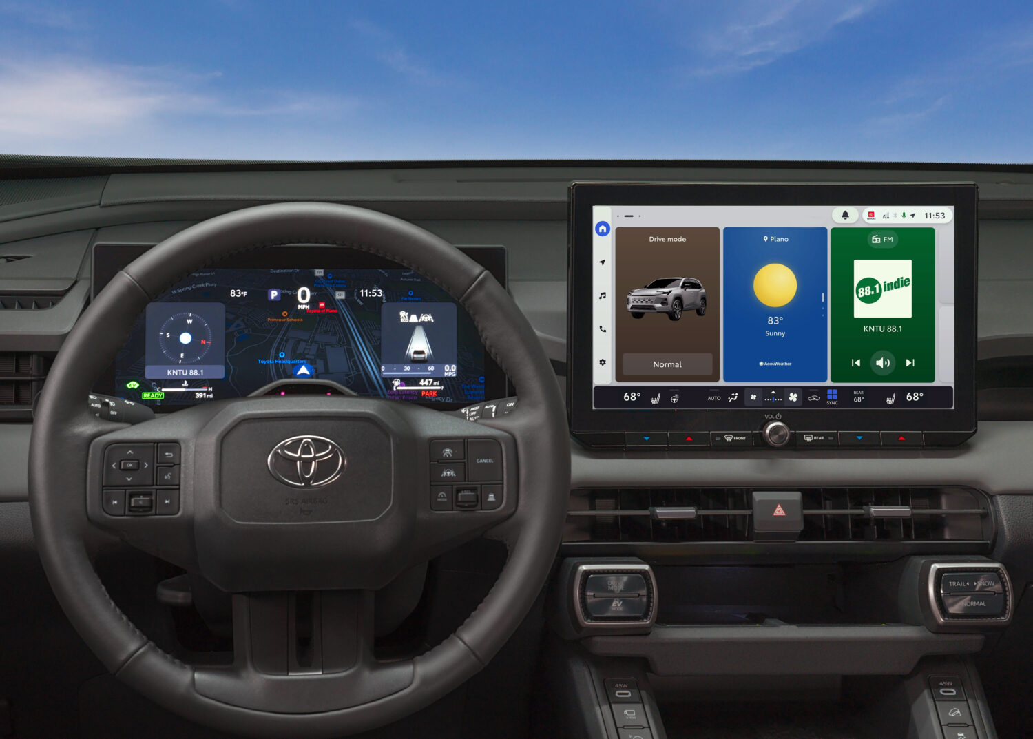 Toyota infotainment system touchscreen in a 2026 Toyota RAV4 cabin showing Toyota Audio Multimedia navigation and home-screen widgets