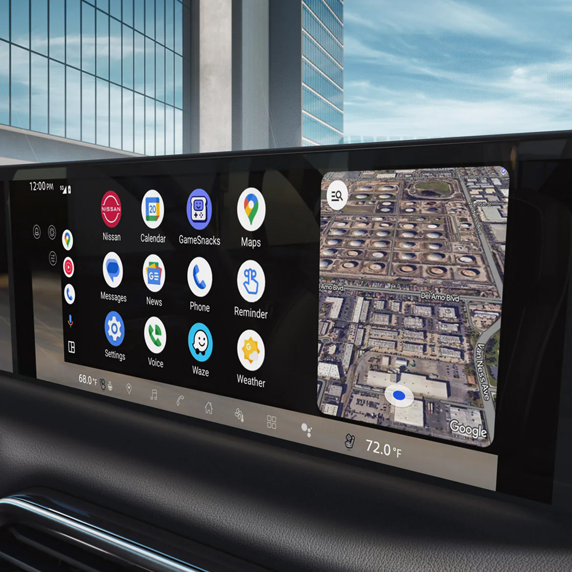Nissan Connect infotainment system touchscreen showing Google Maps and in-vehicle apps